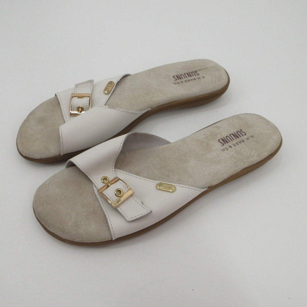 GH Bass Sunjuns Safina Women White Leather Slide Sandals Gold Buckle Flat Sz 10